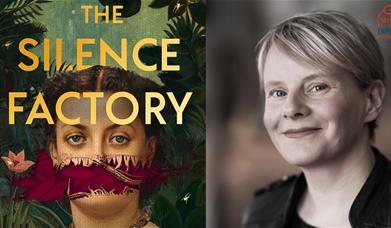 Author Bridget Collins next to the cover of her new book, The Silence Factory.
