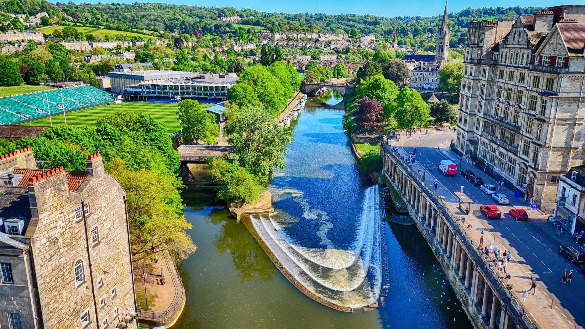 Aerial shot of Pulteney Weir in Bath. Credit David Cherriman