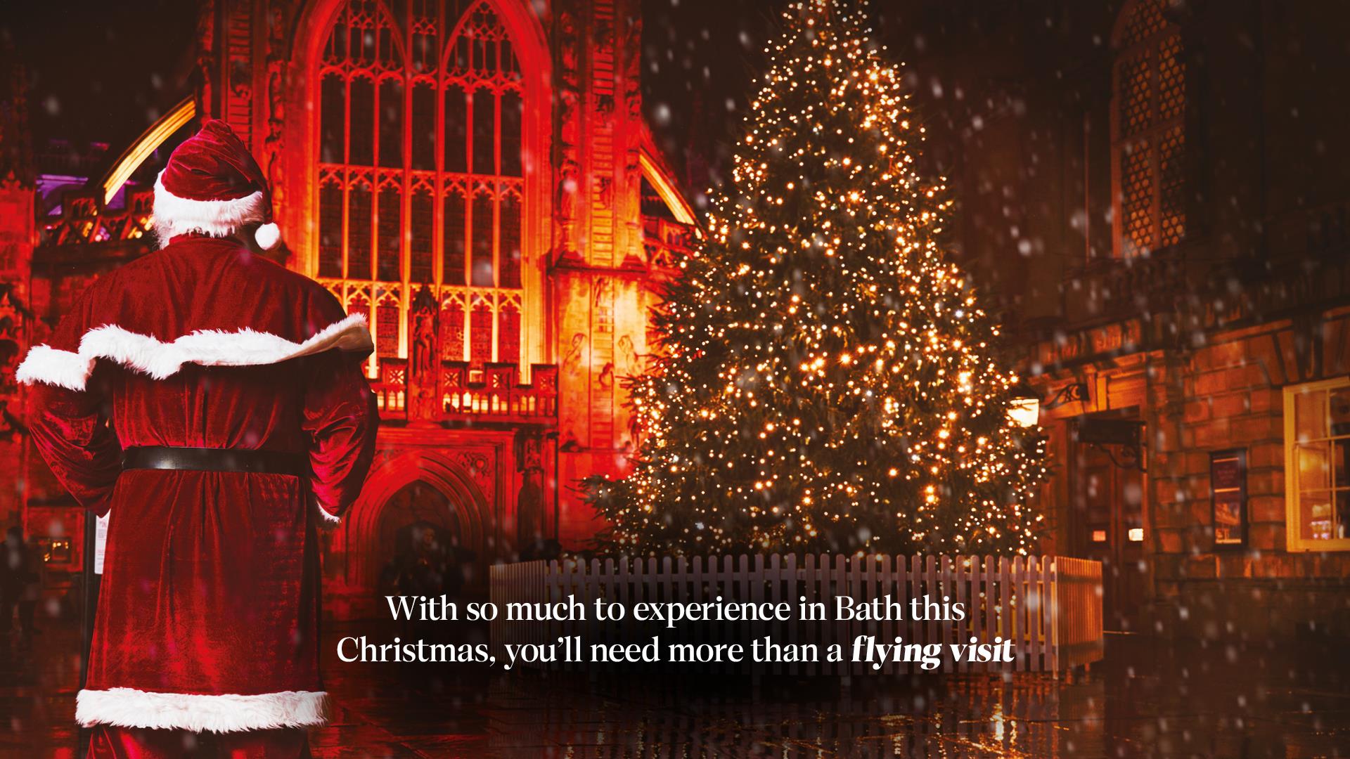 Bath at Christmas campaign image of Father Christmas at Bath Abbey with text overlaid.