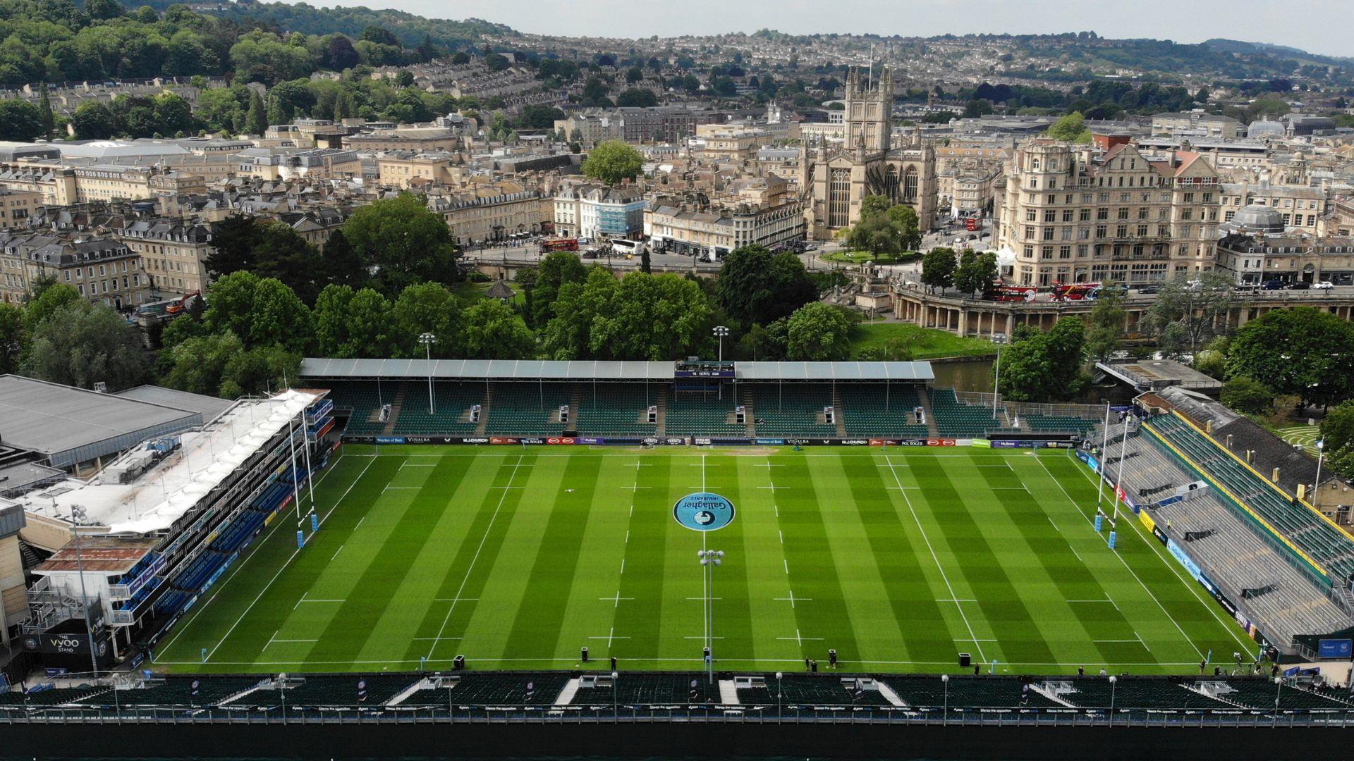 The pitch at Bath Rugby's Recreation Ground home stadium in Bath city centre.