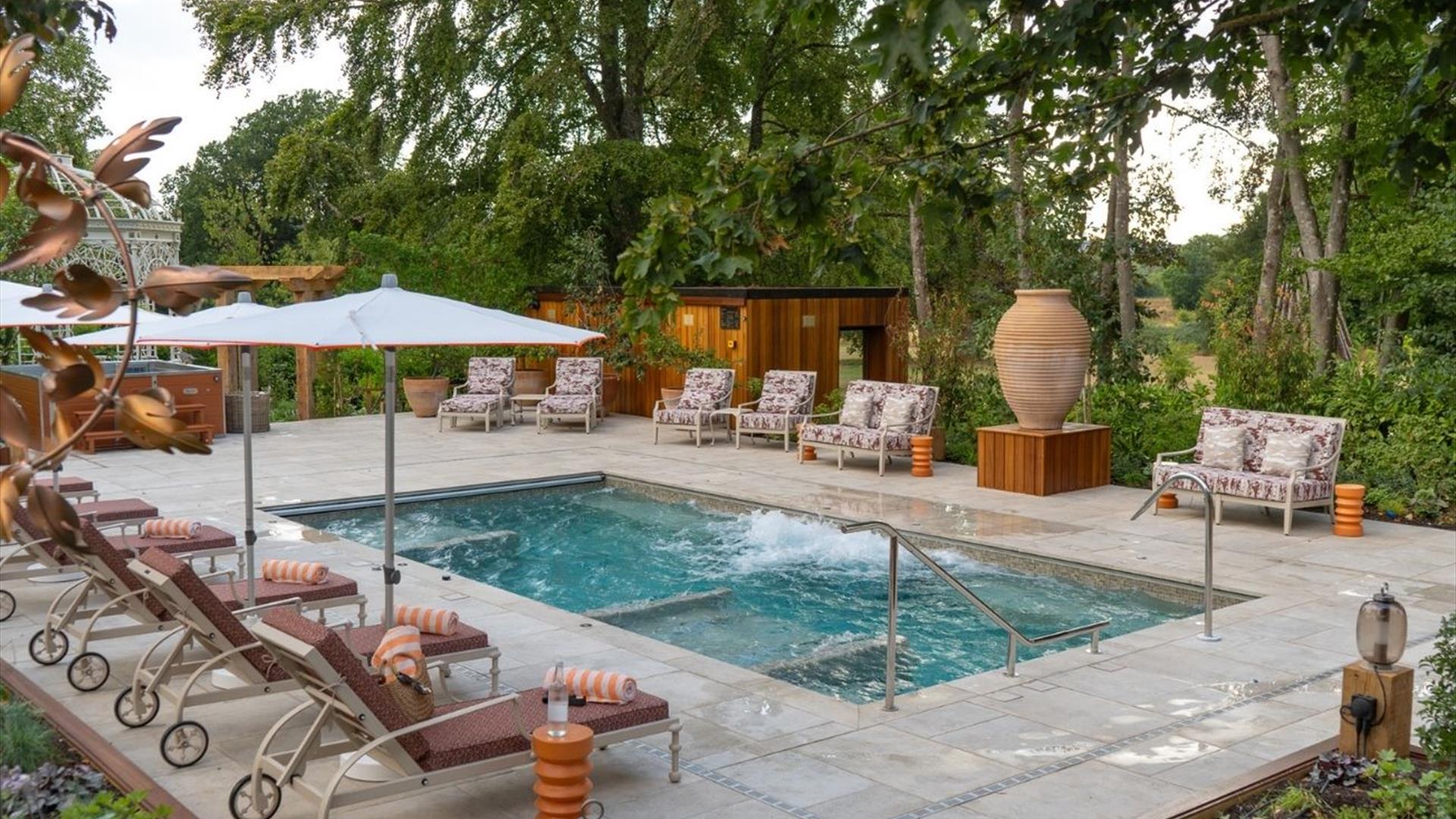 Bishopstrow Spa outdoor pool and seating