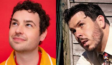 Two portraits side by side: a curly-haired man smiling against a red background, and a dark-haired man leaning against an fence outside. 