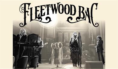 Fleetwood Bac logo above a sepia photo of the band performing on stage with keyboard, bass, guitar, and a singer with tambourines. 