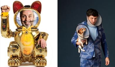 Two comedic images: a man's face inside a giant gold lucky cat robot, and a man in a blue camo suit holding a small dog - both wearing matching plasti