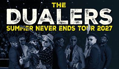 Poster for The Dualers' Summer Never Ends Tour 2027, showing the band in hats and sunglasses before a packed crowd.