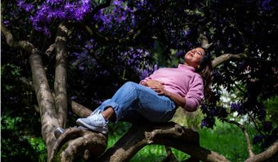 girl lying back on tree trunk