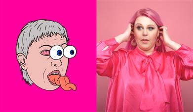 A cartoon face with googly eyes on a pink background, alongside a photo of a pink-haired woman in a pink satin blouse with hands raised to her head.