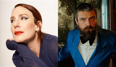Two separate photos side by side: a woman in a navy top with red lipstick gazing upward, and a bearded man in a blue suit and bow tie staring directly
