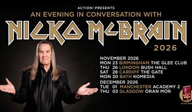 Poster for "An Evening in Conversation with Nicko McBrian" - Iron Maiden's drummer, with his UK  tour dates. 
