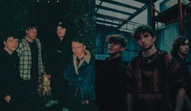Two press shots of two different bands. One is four men dressed casually in a dark alleyway with ivy. The other is in an industrial area with three me