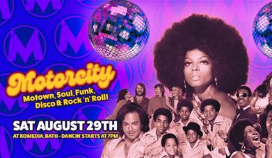 Motorcity poster - Motown, soul, funk, disco and rock 'n' roll night, Saturday 29 August at Komedia Bath.