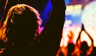 Silhouetted crowd with raised arms, lit by colourful stage lighting.