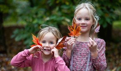 two young girls hold up autumn leaves by their faces 