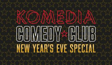 Komedia Comedy Club New Year's Eve Special logo in red, white, and gold on a black star-patterned background.