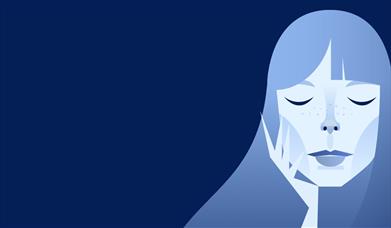 A minimalist illustration of a woman with closed eyes and blue hair against a deep navy background, rendered in cool blue tones. 