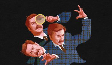 Illustrated artwork showing three versions of a moustachioed detective figure in a blue check suit, one holding a magnifying glass.