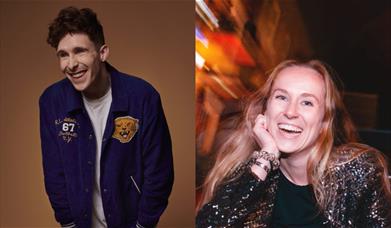 Two-photo split image: a man in a navy varsity jacket laughing on a brown background, and a woman in a sequinned jacket smiling in a warmly lit settin