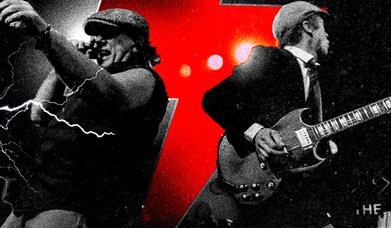 Tribute act promo image - two musicians in flat caps performing with a guitar, styled in black-and-white with a red lightning bolt graphic behind them