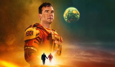 Matt Forde in an orange spacesuit against a starry sky with a distant planet, two small figures walking toward the light below.