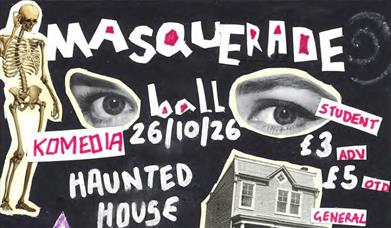 Collage-style poster for CM Socials Masquerade Ball on 26 October, with cut-out eyes, a skeleton and a house.
