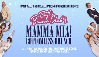 Poster for Bath Brunch Club's Mamma Mia! Bottomless Brunch, with cast images from the film framing text on a light blue background.