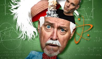 A comedic image of  actor Griff Rhys Jones as Albert Einstien. 