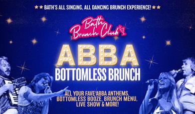 Poster for Bath Brunch Club's ABBA Bottomless Brunch in gold marquee letters, with blue-tinted photos of the singers performing on a starry blue backg