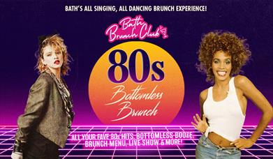 Poster for Bath Brunch Club's '80s Bottomless Brunch, with two 80s-styled pop singers either side of a retro neon sunset and grid. 