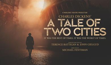 A man walks in a darkened city with London landmarks around him. 