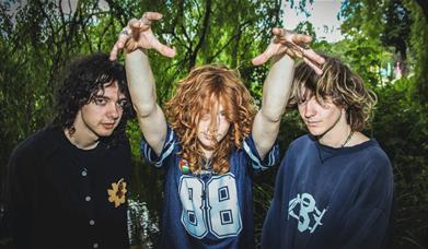 Three-piece band posing outdoors among trees, arms raised over the middle member's head.