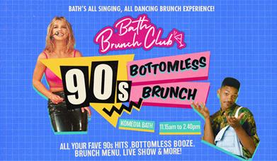 Poster for Bath Brunch Club's '90s Bottomless Brunch, with two 90s-styled figures on a bright blue grid background.