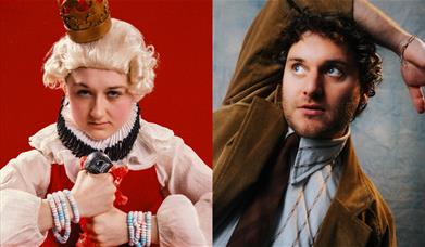 Two comedic portraits side by side: a person in a powdered wig and crown against a red background, and a curly-haired man in a corduroy jacket looking