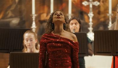 Opera singer surrounded by orchestra
