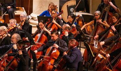 Orchestra members standing with their conductor