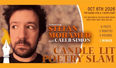 a brown and orange poster with a yellow border featuring a person looking up with wild short black hair. With text that says Candle Lit poetry slam. T