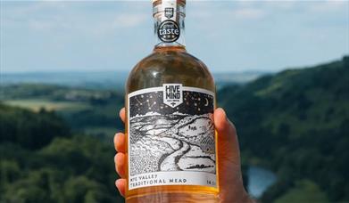 A bottle of bright gold hive mind mead held up in the sun with a green valley behind it.
