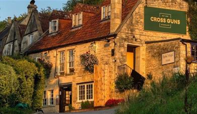 Exterior of The Cross Guns pub in Avoncliff, near Bath.