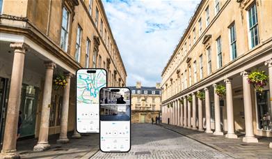 Phones displaying the tour app and a background of the city of Bath