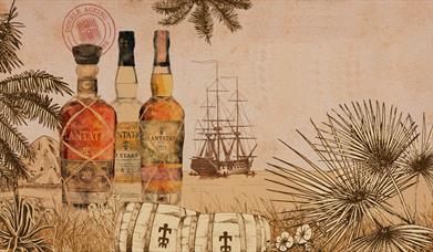 A tapesty style image of 3 bottles of rum on a tropical beach with a large sailing ship in the background.