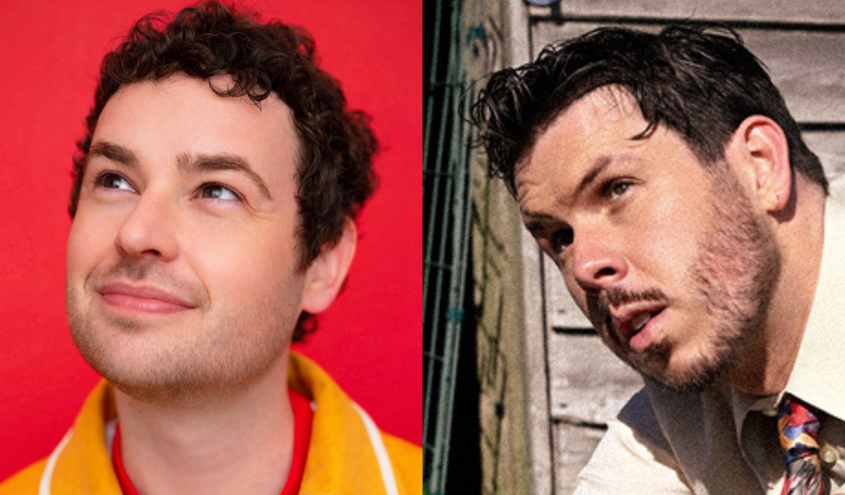 Two portraits side by side: a curly-haired man smiling against a red background, and a dark-haired man leaning against an fence outside.