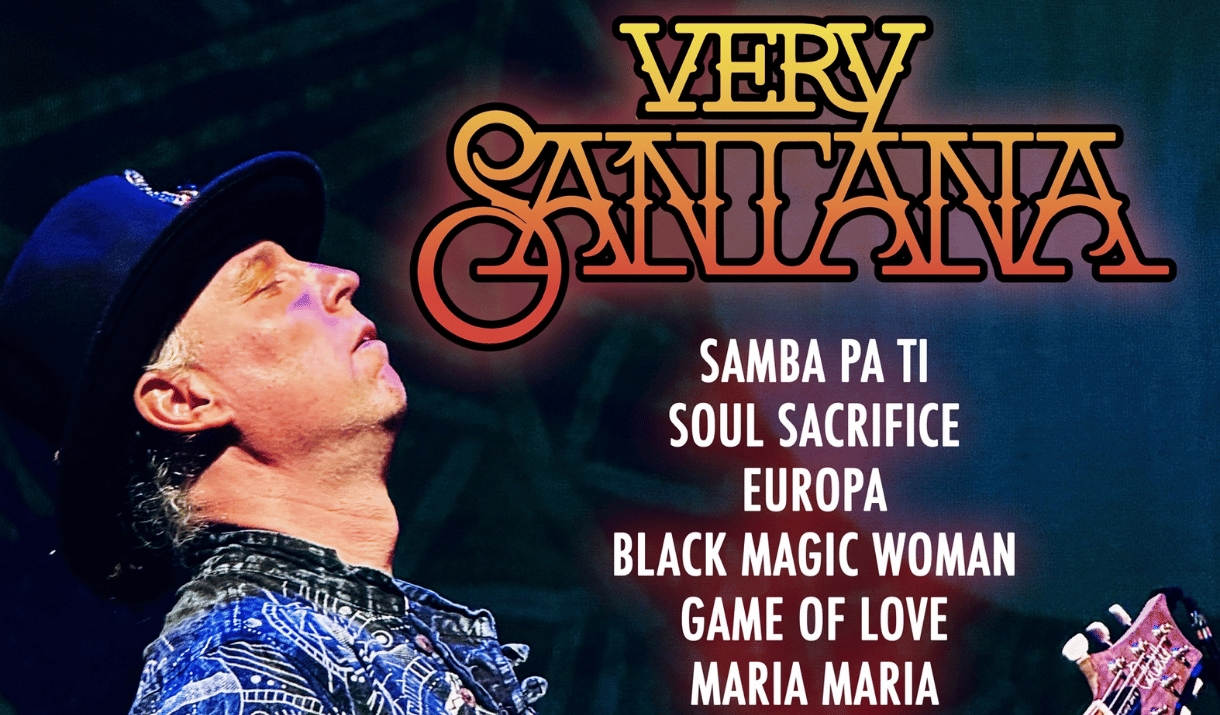 Very Santana poster showing a guitarist with a black hat, eyes closed, beside a list of classic Santana hits.