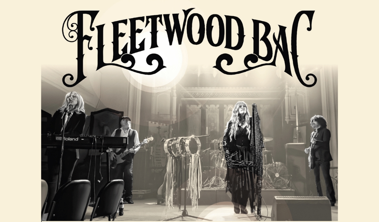Fleetwood Bac logo above a sepia photo of the band performing on stage with keyboard, bass, guitar, and a singer with tambourines.