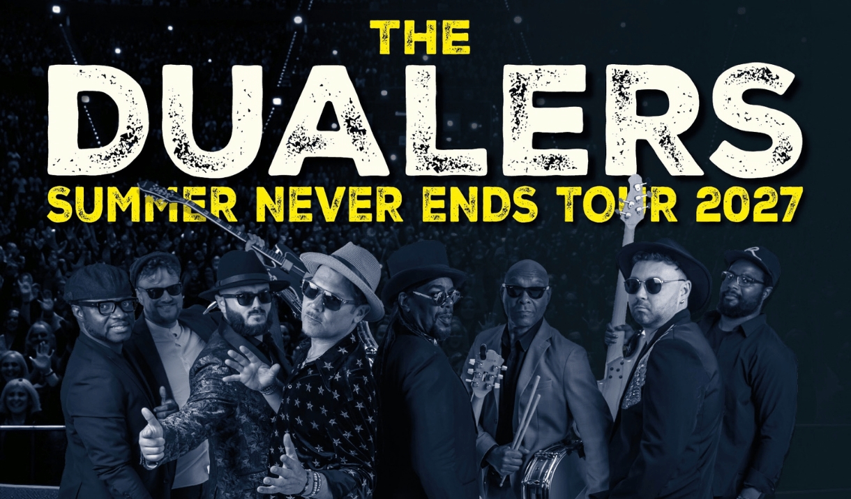 Poster for The Dualers' Summer Never Ends Tour 2027, showing the band in hats and sunglasses before a packed crowd.