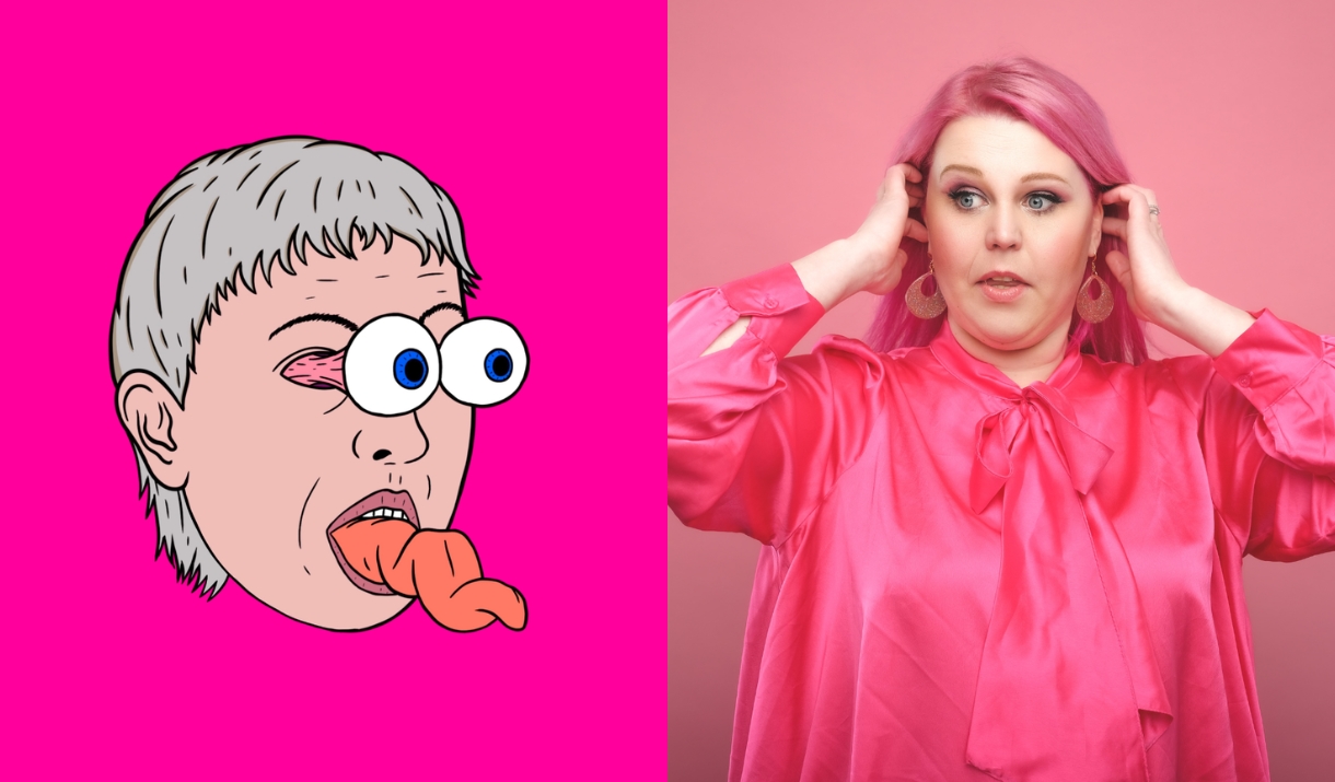 A cartoon face with googly eyes on a pink background, alongside a photo of a pink-haired woman in a pink satin blouse with hands raised to her head.