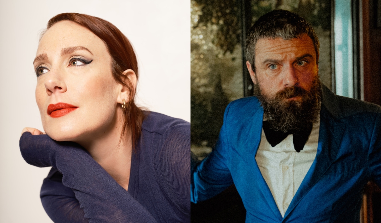 Two separate photos side by side: a woman in a navy top with red lipstick gazing upward, and a bearded man in a blue suit and bow tie staring directly