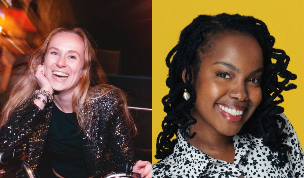 Two smiling women side by side: one in a sequinned jacket in a dimly lit venue, and one in a floral top against a yellow background.
