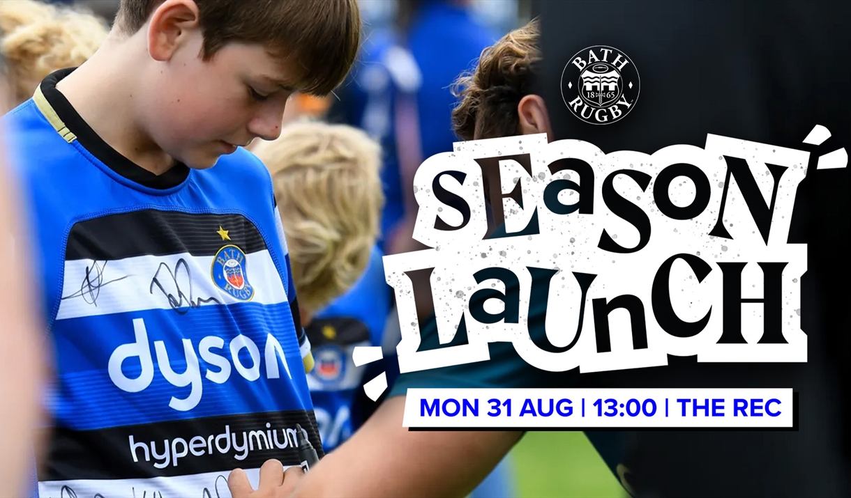 Promotional graphic for Bath Rugby's Season Launch event. A young supporter wearing a signed Bath Rugby home shirt is getting another autograph while