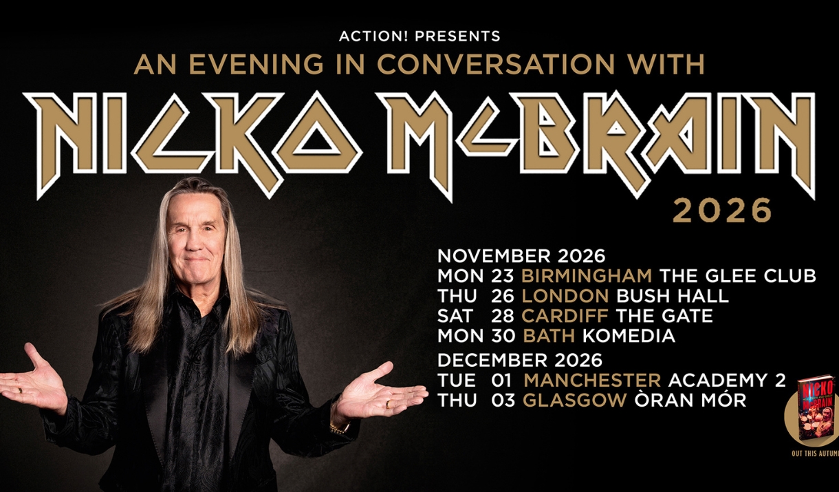 Poster for "An Evening in Conversation with Nicko McBrian" - Iron Maiden's drummer, with his UK  tour dates.