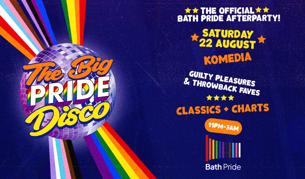 The Big Pride Disco - Bath Pride's Official Afterparty poster, disco ball with rainbow rays. Saturday 22 August at Komedia.