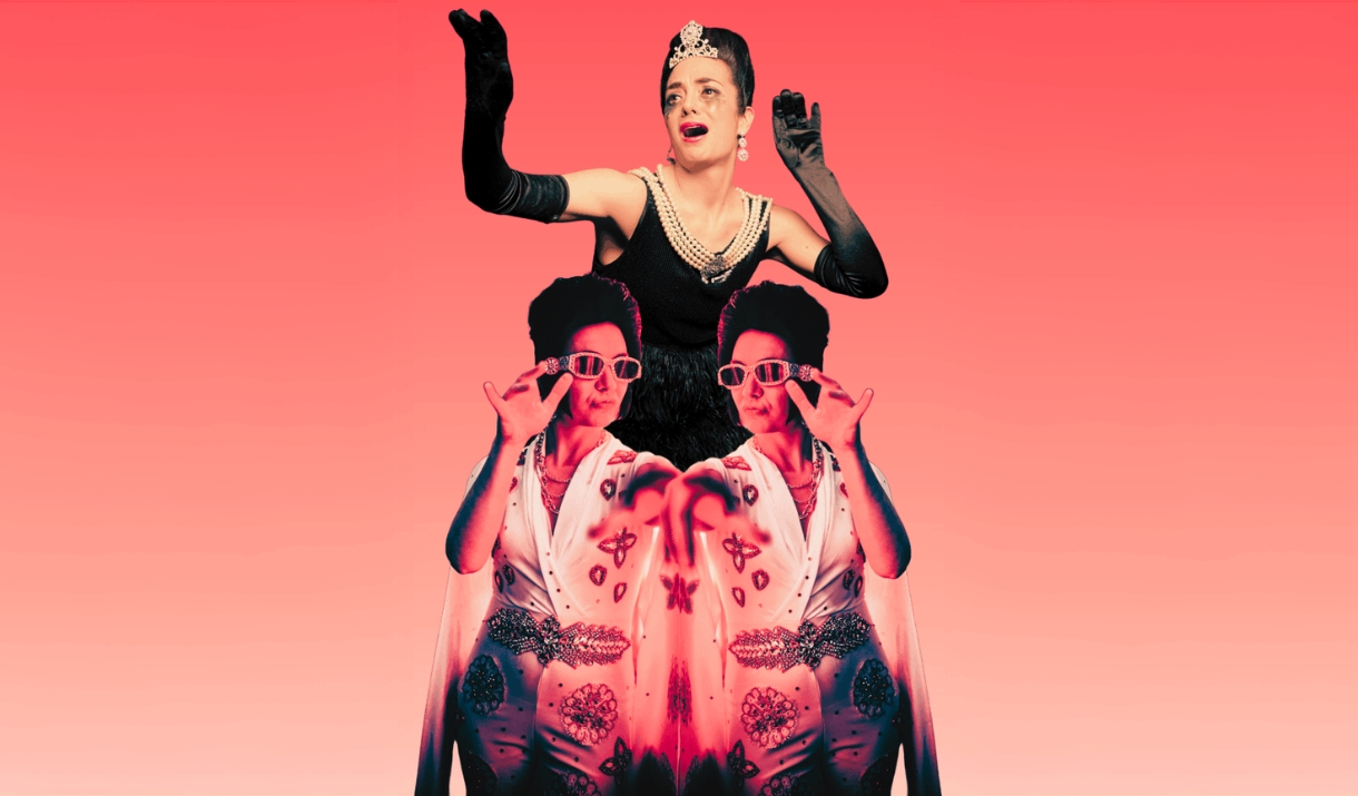A performer in black with pearls and a tiara, arms raised, above a mirrored image of a performer in a jewelled white Elvis-stye jumpsuit.